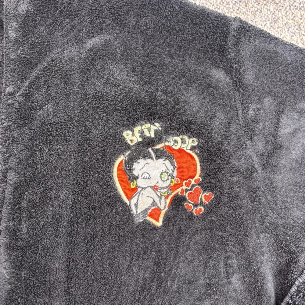 VTG Betty Boop Embroidered Patch Black Fleece Bathrobe Women's - Picture 2 of 7
